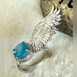 NWT Rhodium Eagles Ring Wing Statement Ring S925 Silver Turquoise Stone Size 10